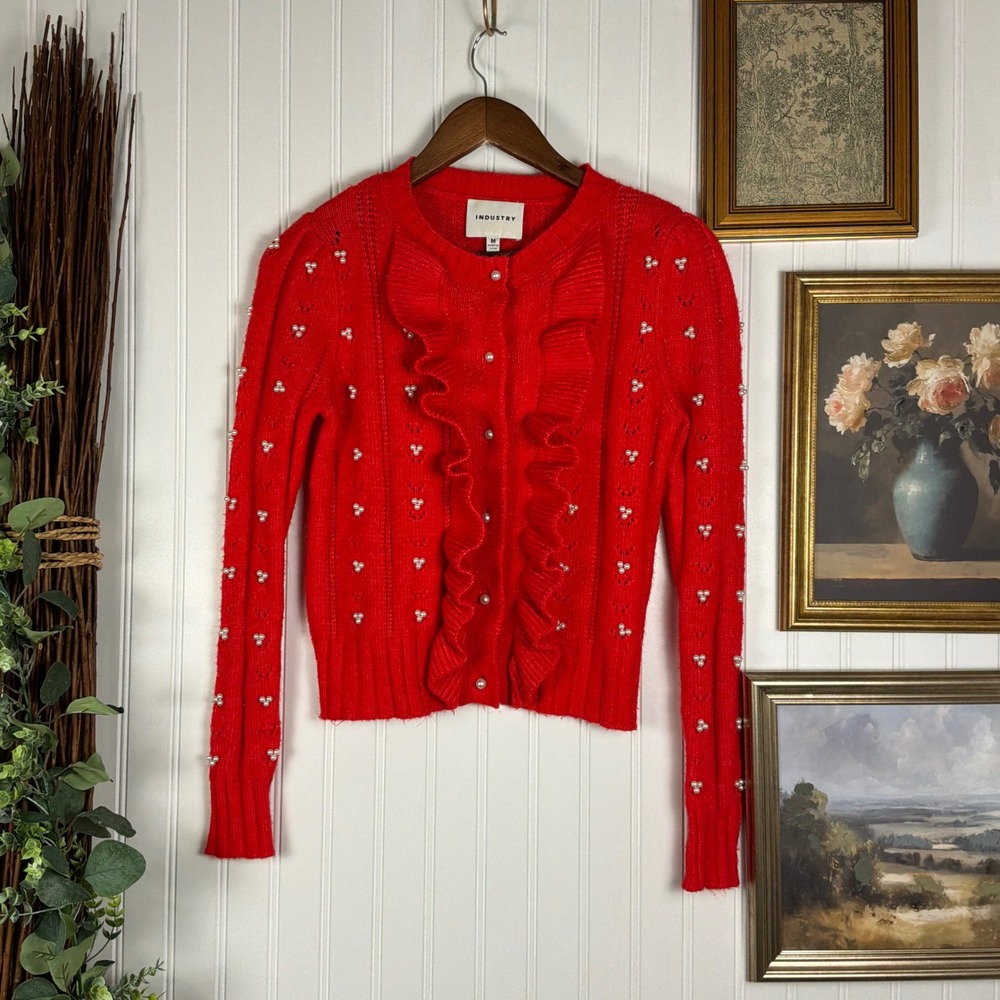 Industry Republic Clothing Cardigan Medium Red Excellent Pearl Ruffle Knit